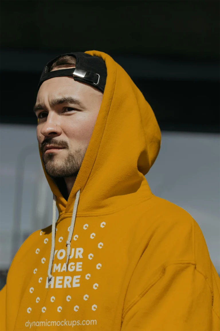 Man Wearing Orange Hoodie Mockup Front View Template