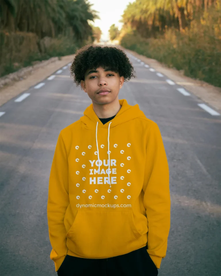 Man Wearing Orange Hoodie Mockup Front View Template