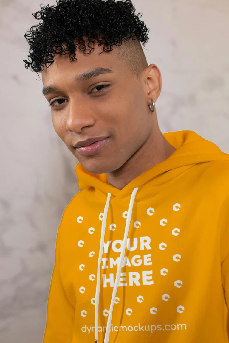 Man Wearing Orange Hoodie Mockup Front View Template