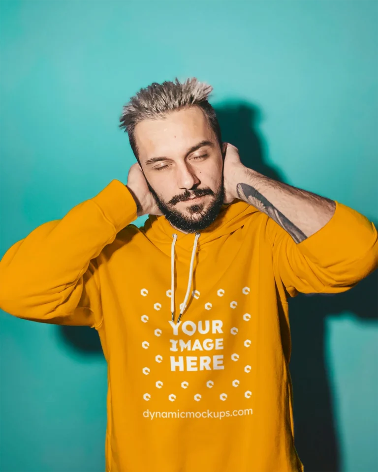 Man Wearing Orange Hoodie Mockup Front View Template