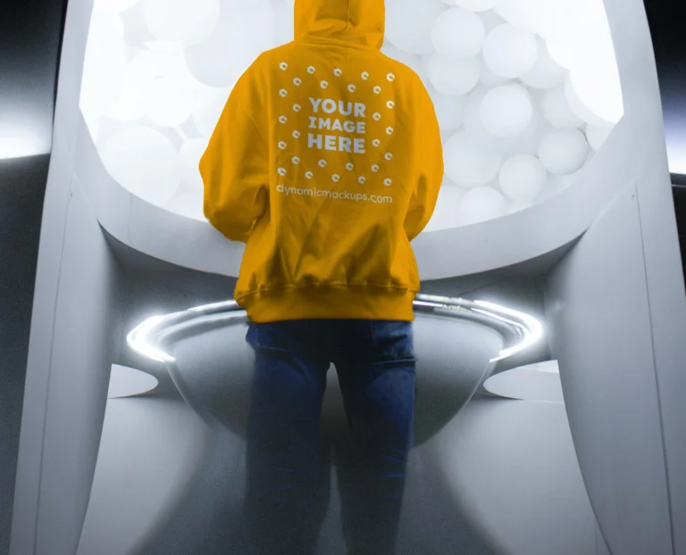 Man Wearing Orange Hoodie Mockup Back View Template