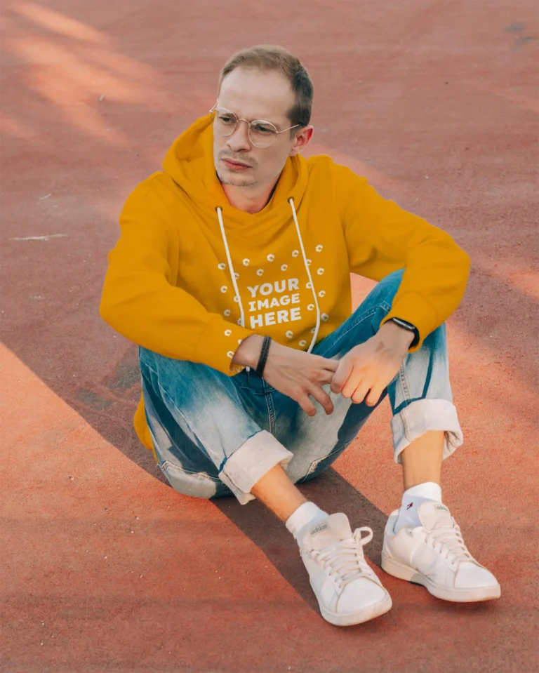 Man Wearing Orange Hoodie Mockup Front View Template