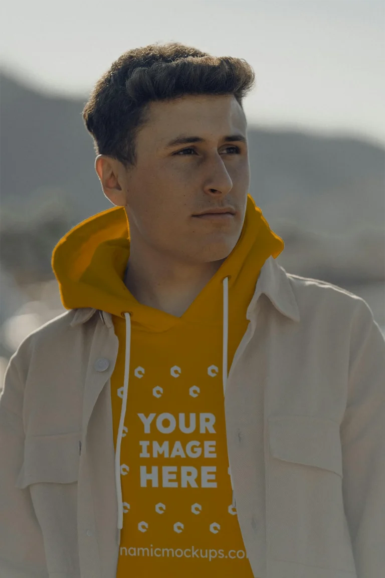 Man Wearing Orange Hoodie Mockup Front View Template