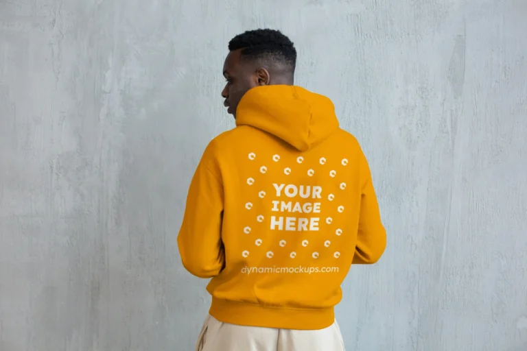 Man Wearing Orange Hoodie Mockup Back View Template