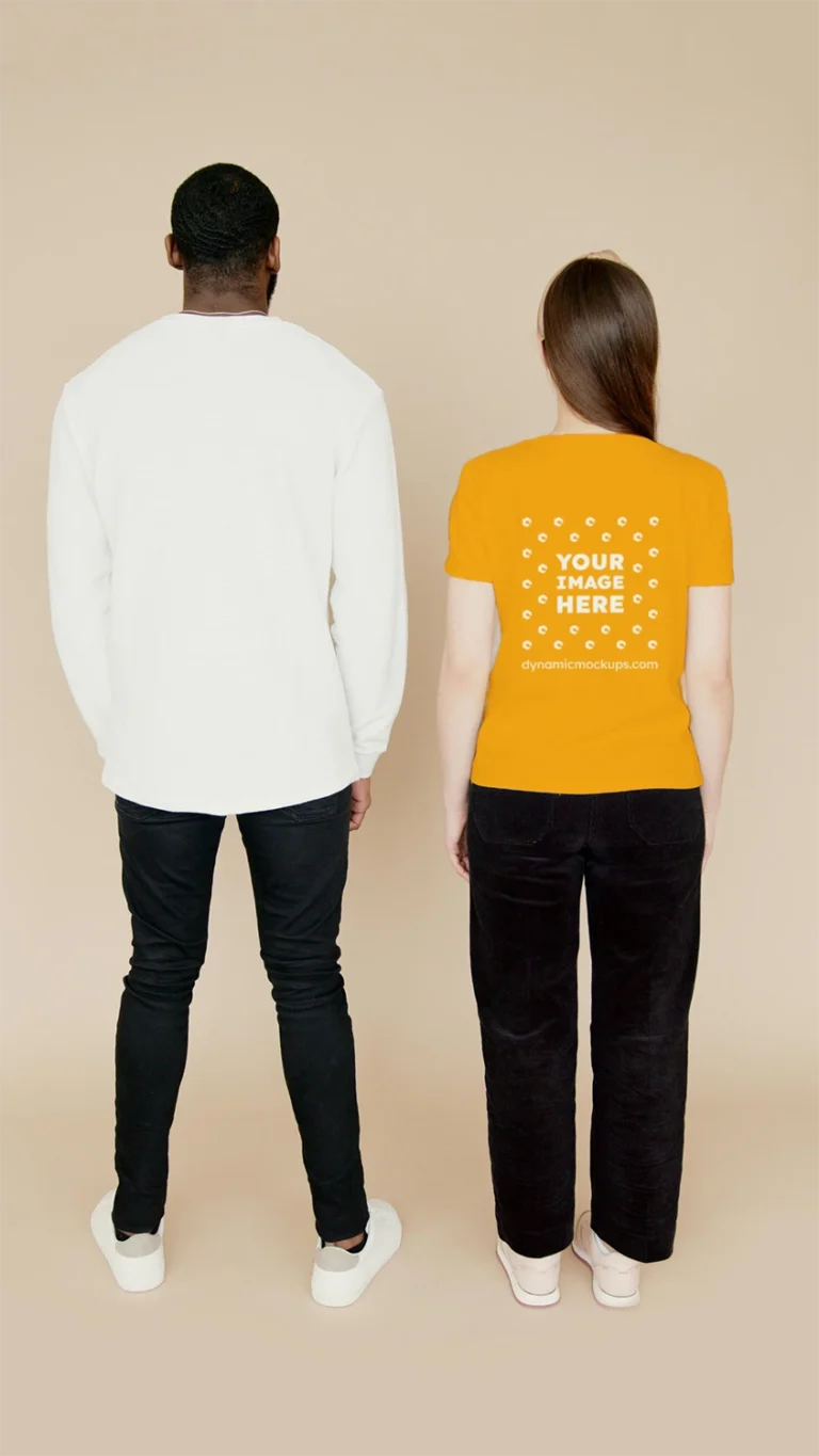 Man Wearing Orange T-shirt Mockup Back View Template