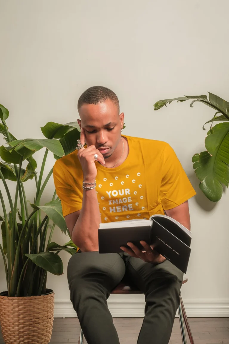 Man Wearing Orange T-shirt Mockup Front View Template