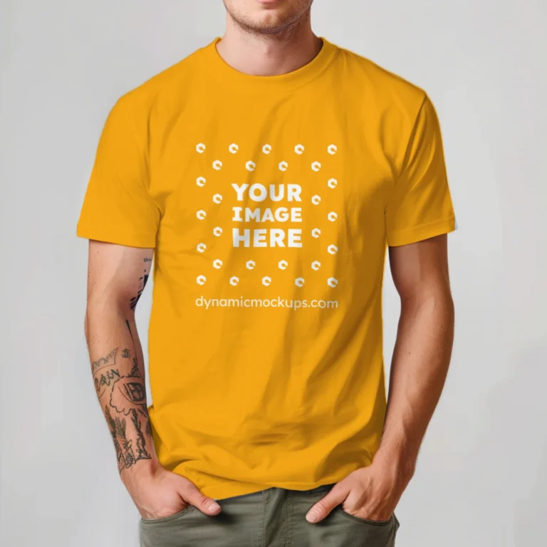 Man Wearing Orange T-shirt Mockup Front View Template