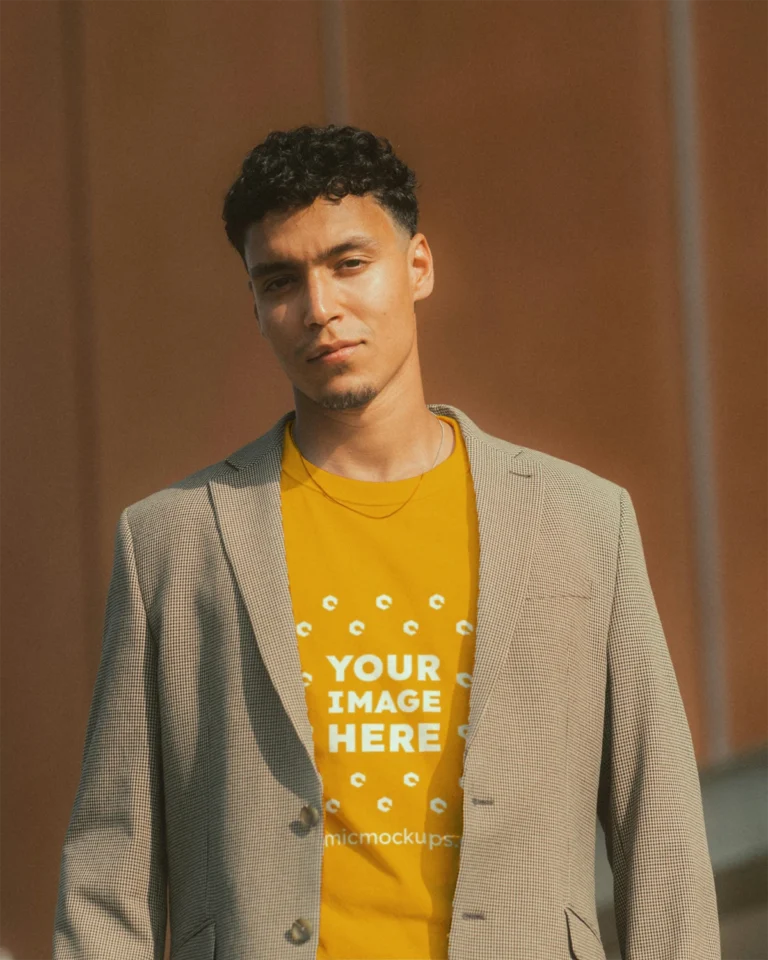 Man Wearing Orange T-shirt Mockup Front View Template