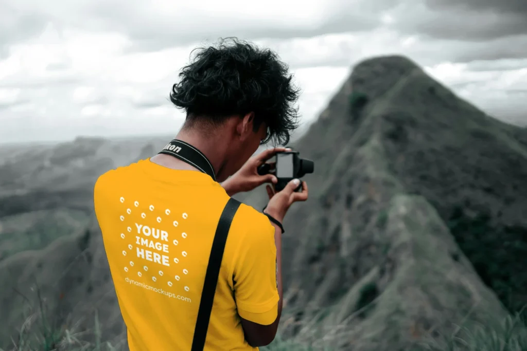 Man Wearing Orange T-shirt Mockup Back View Template
