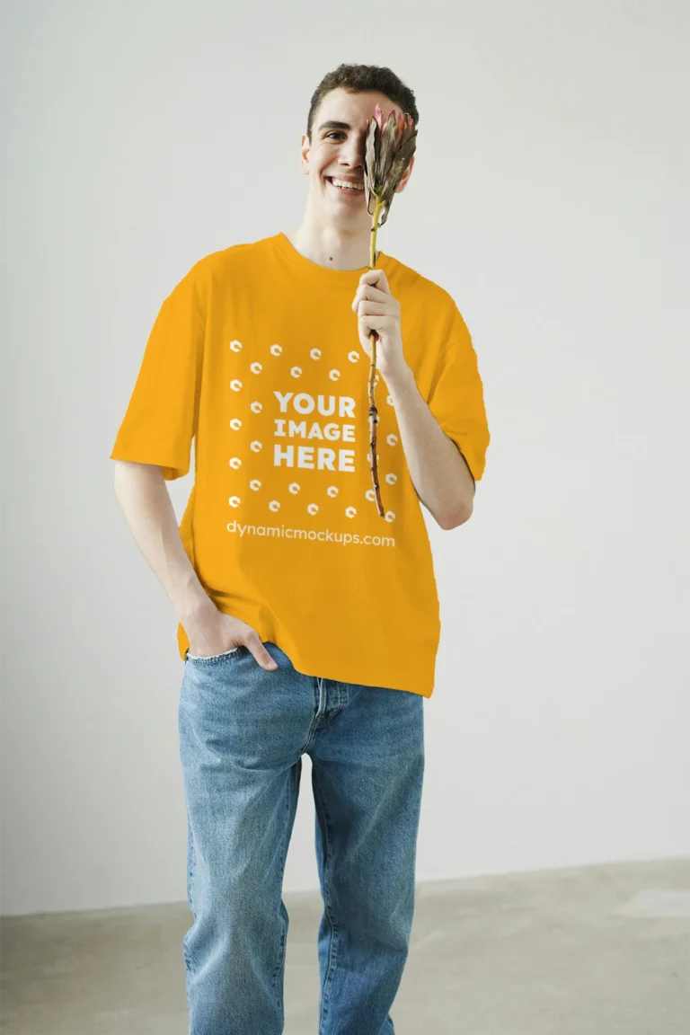 Man Wearing Orange T-shirt Mockup Front View Template