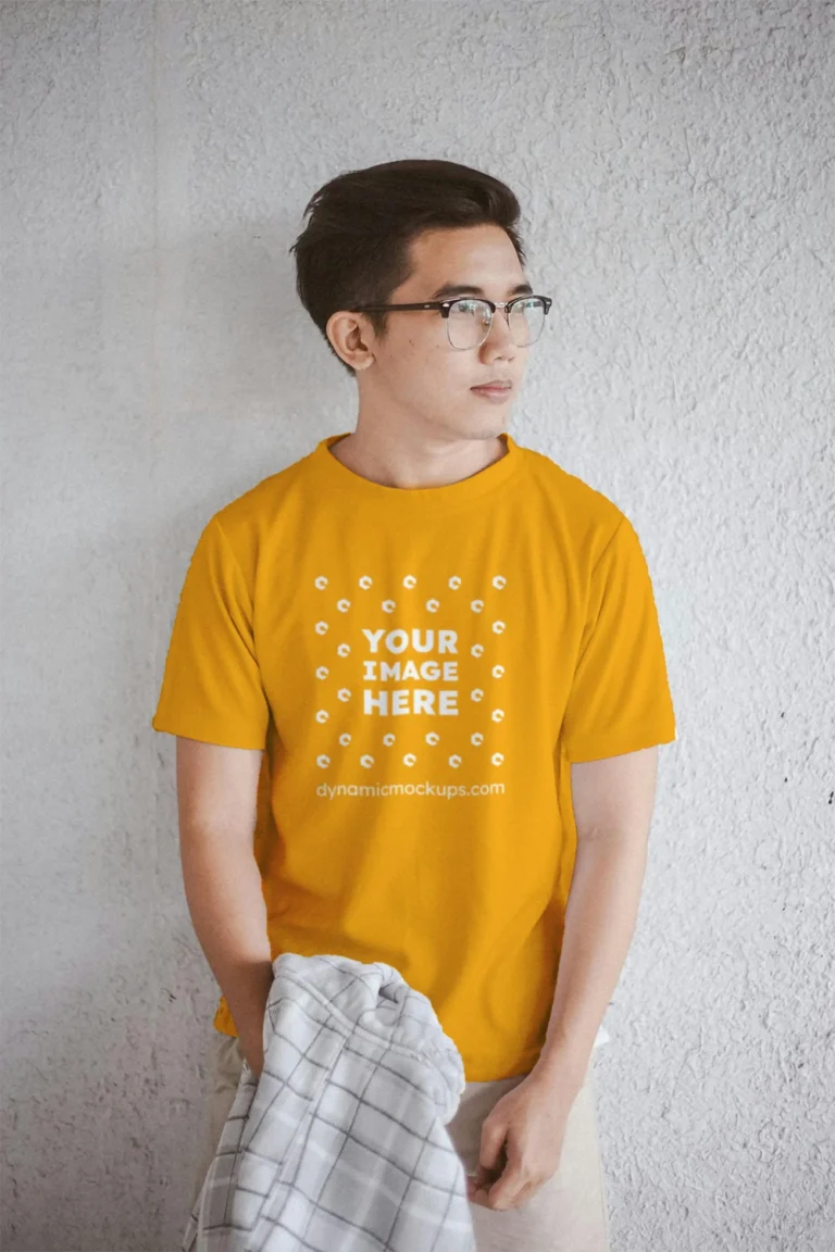 Man Wearing Orange T-shirt Mockup Front View Template