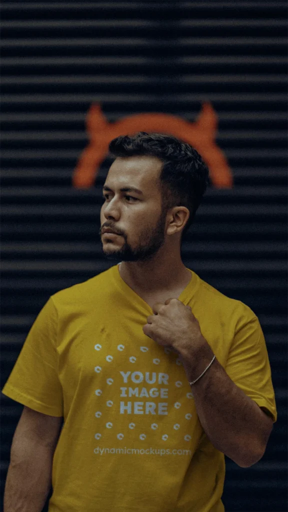 Man Wearing Orange T-shirt Mockup Front View Template