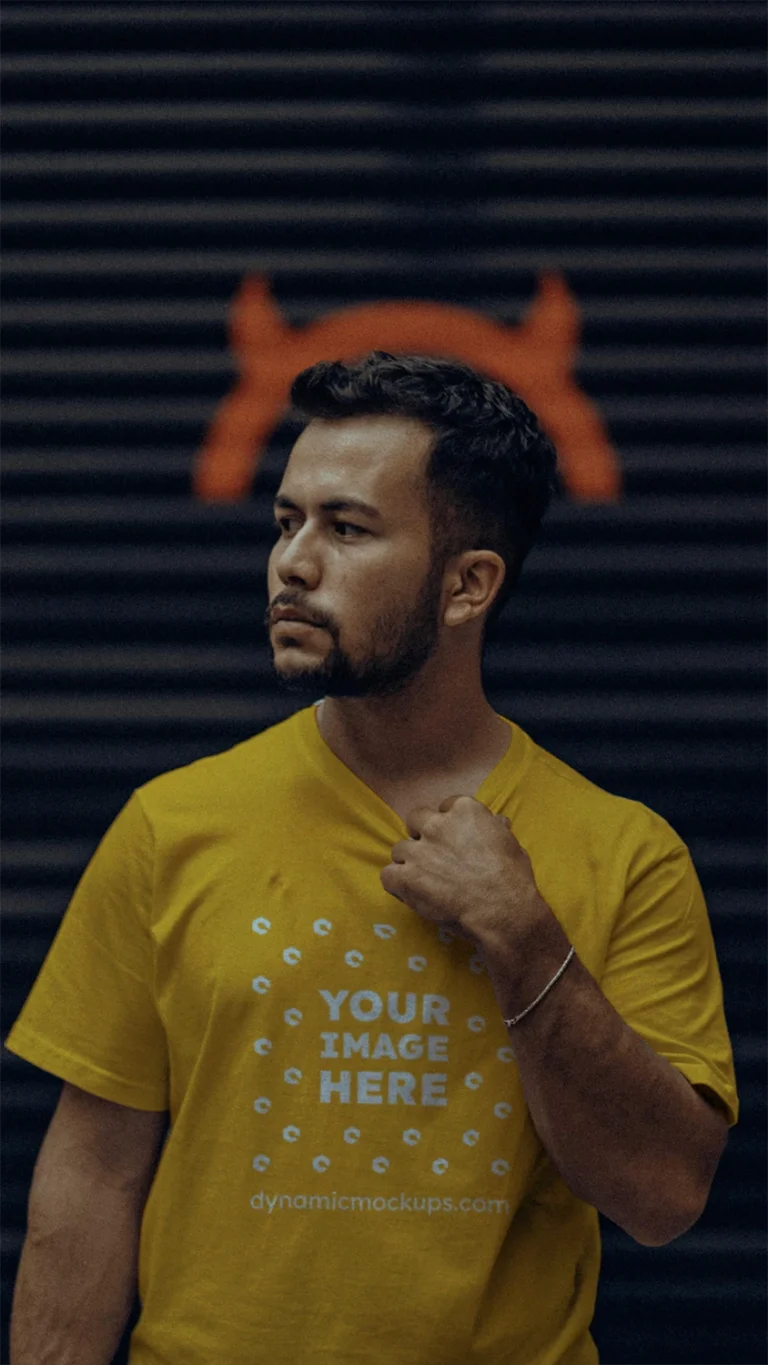 Man Wearing Orange T-shirt Mockup Front View Template
