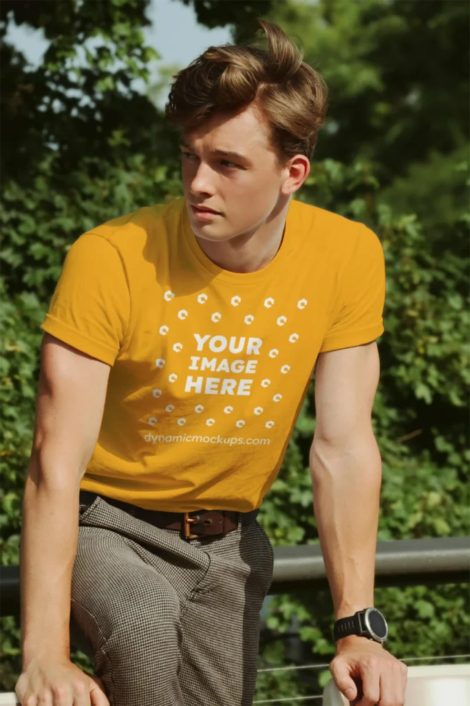 Man Wearing Orange T-shirt Mockup Front View Template