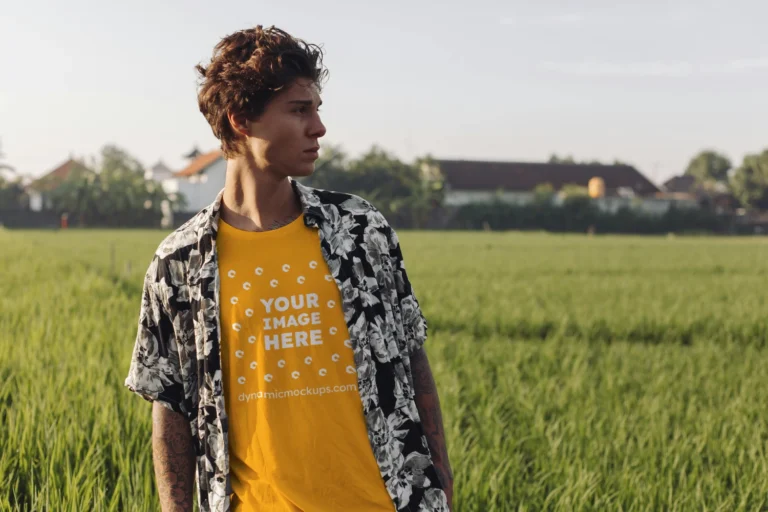 Man Wearing Orange T-shirt Mockup Front View Template