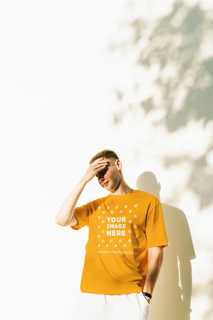 Man Wearing Orange T-shirt Mockup Front View Template