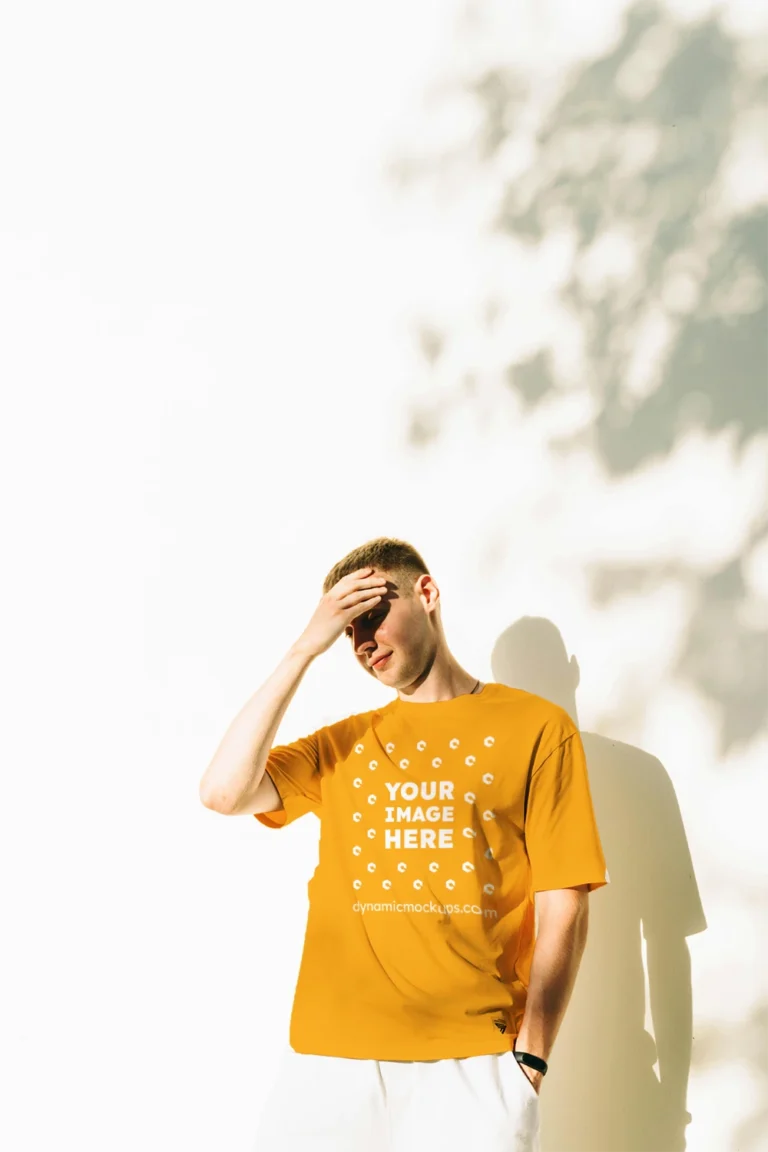 Man Wearing Orange T-shirt Mockup Front View Template