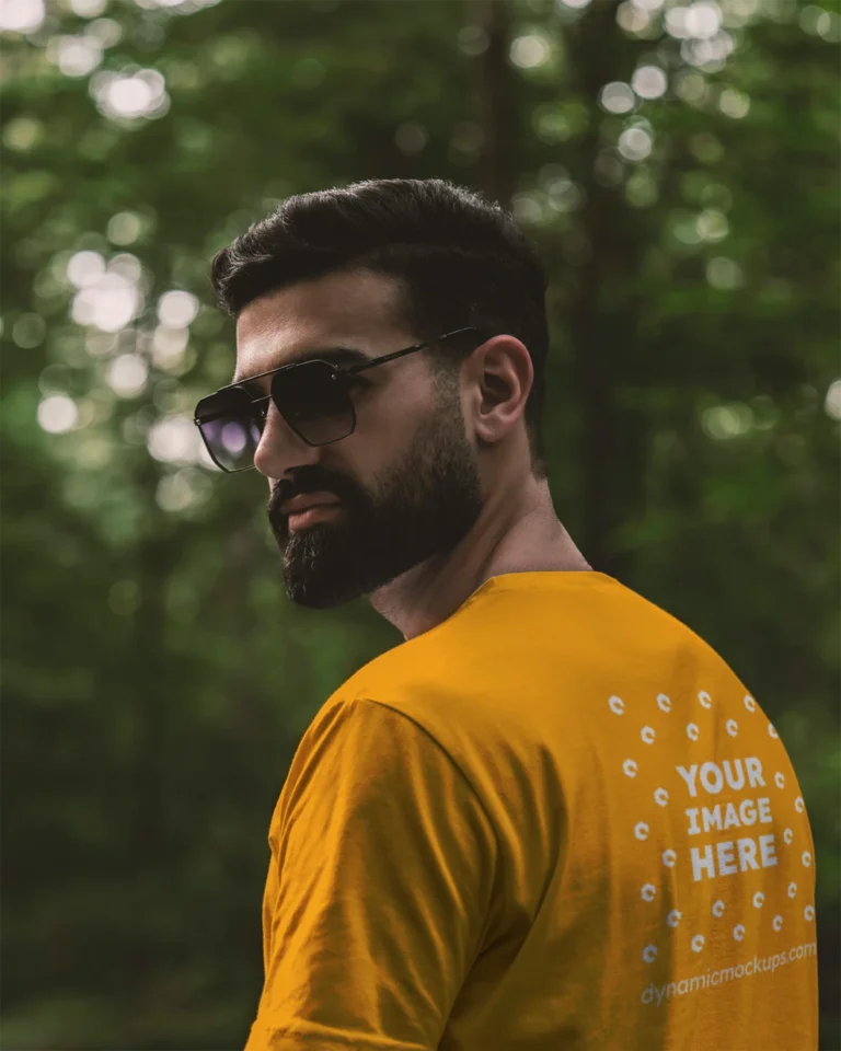 Man Wearing Orange T-shirt Mockup Back View Template