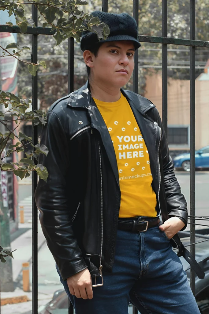 Man Wearing Orange T-shirt Mockup Front View Template