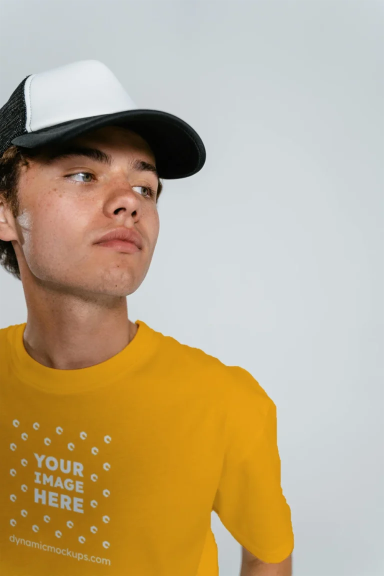 Man Wearing Orange T-shirt Mockup Front View Template