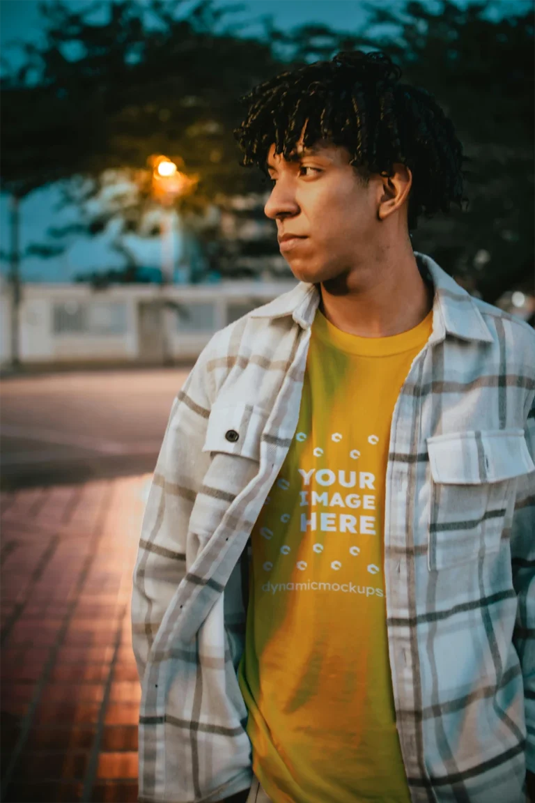 Man Wearing Orange T-shirt Mockup Front View Template