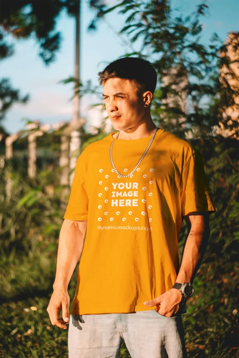 Man Wearing Orange T-shirt Mockup Front View Template