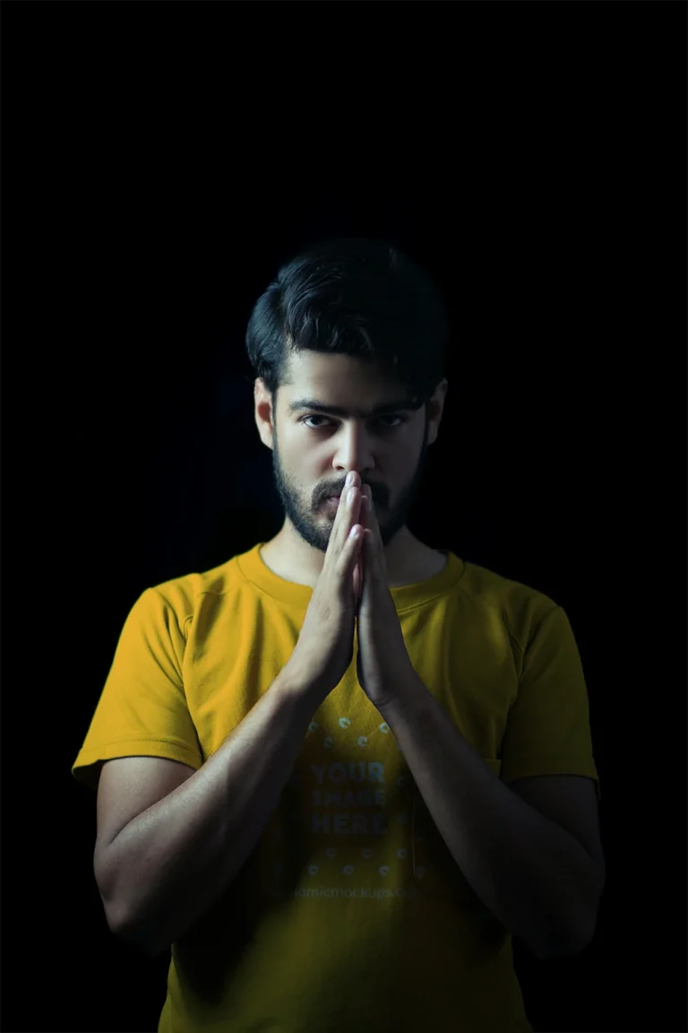 Man Wearing Orange T-shirt Mockup Front View Template