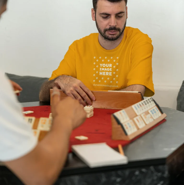 Man Wearing Orange T-shirt Mockup Front View Template
