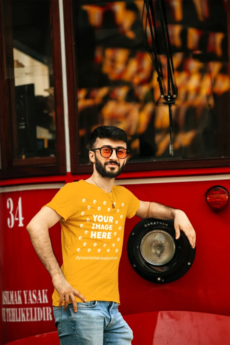 Man Wearing Orange T-shirt Mockup Front View Template