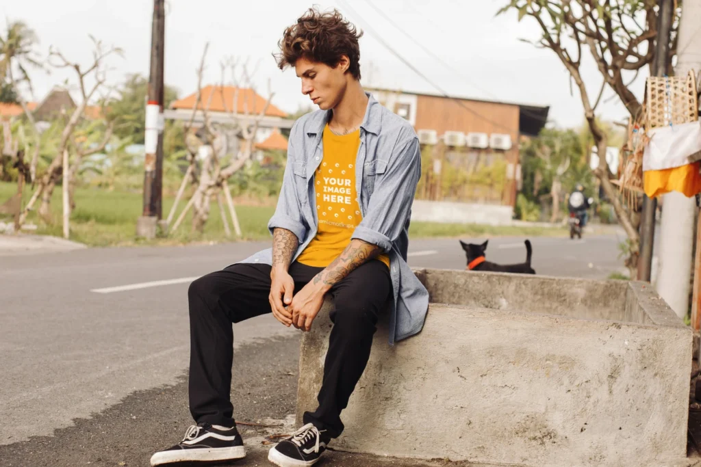 Man Wearing Orange T-shirt Mockup Front View Template