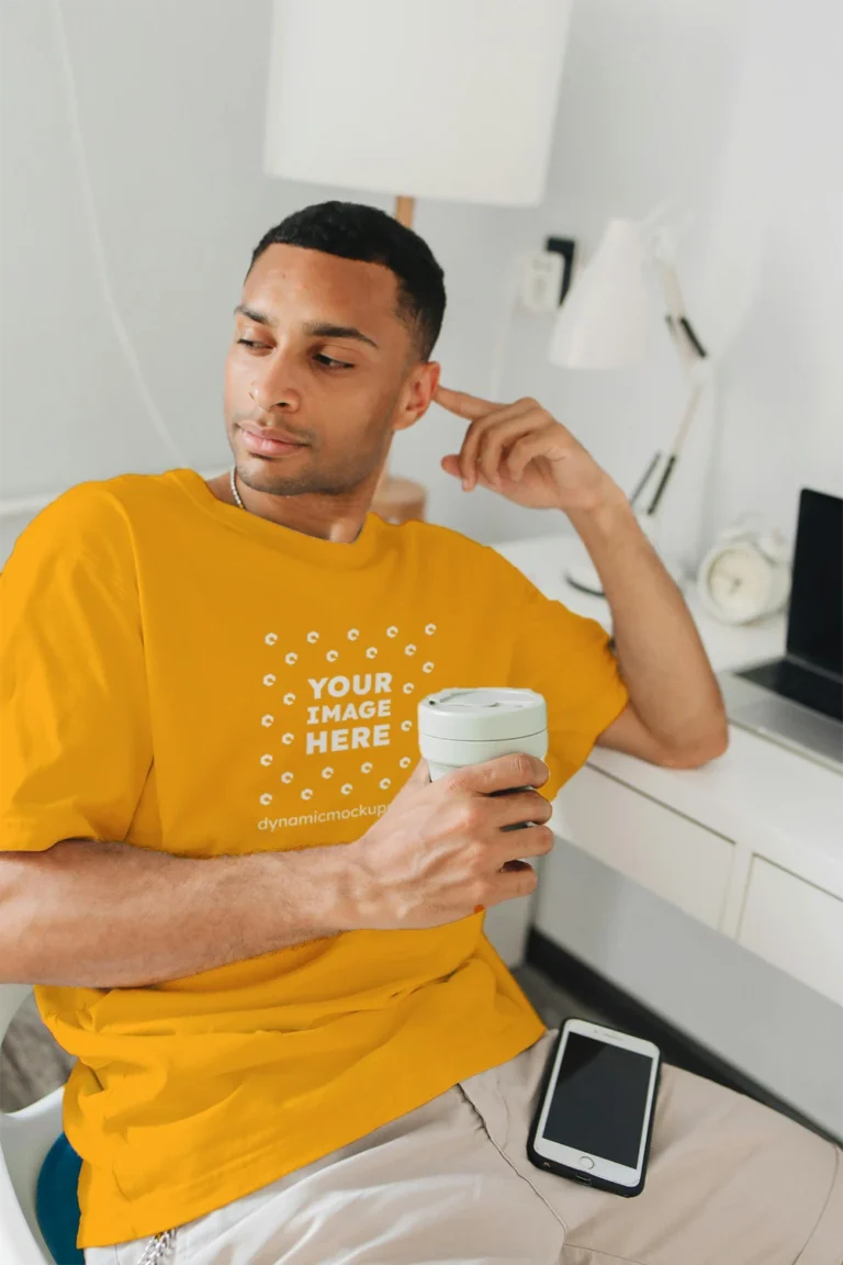 Man Wearing Orange T-shirt Mockup Front View Template