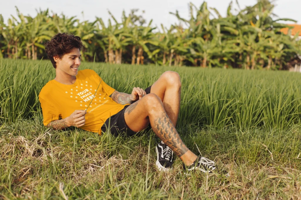 Man Wearing Orange T-shirt Mockup Front View Template