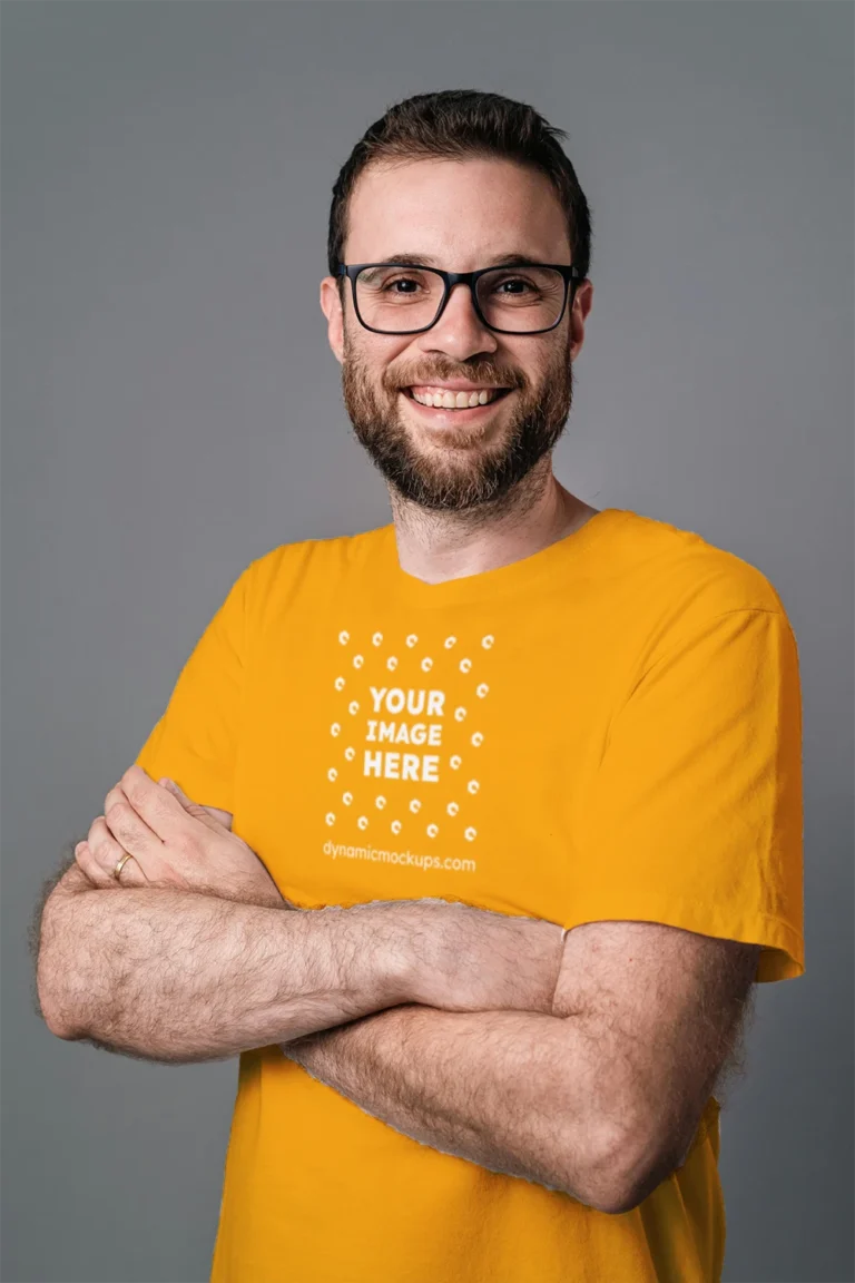 Man Wearing Orange T-shirt Mockup Front View Template
