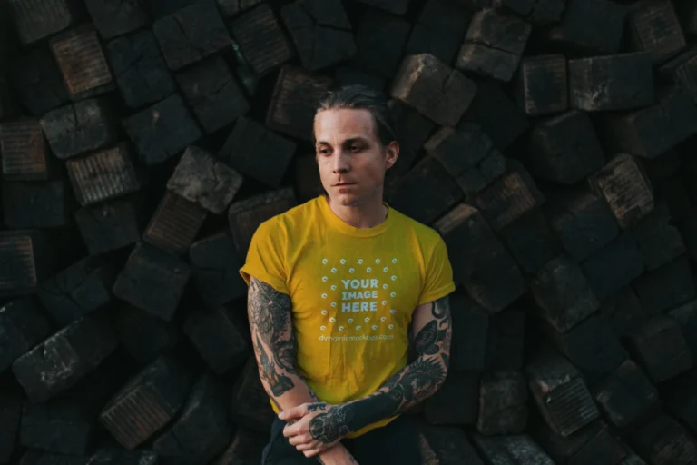Man Wearing Orange T-shirt Mockup Front View Template