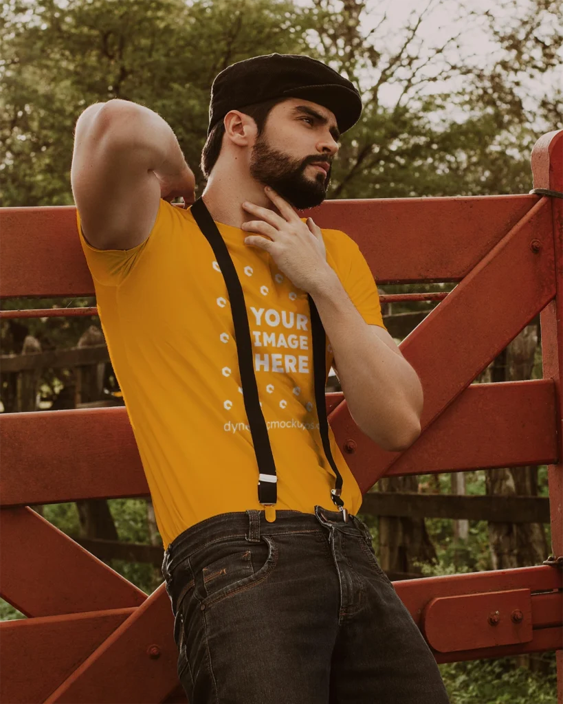Man Wearing Orange T-shirt Mockup Front View Template
