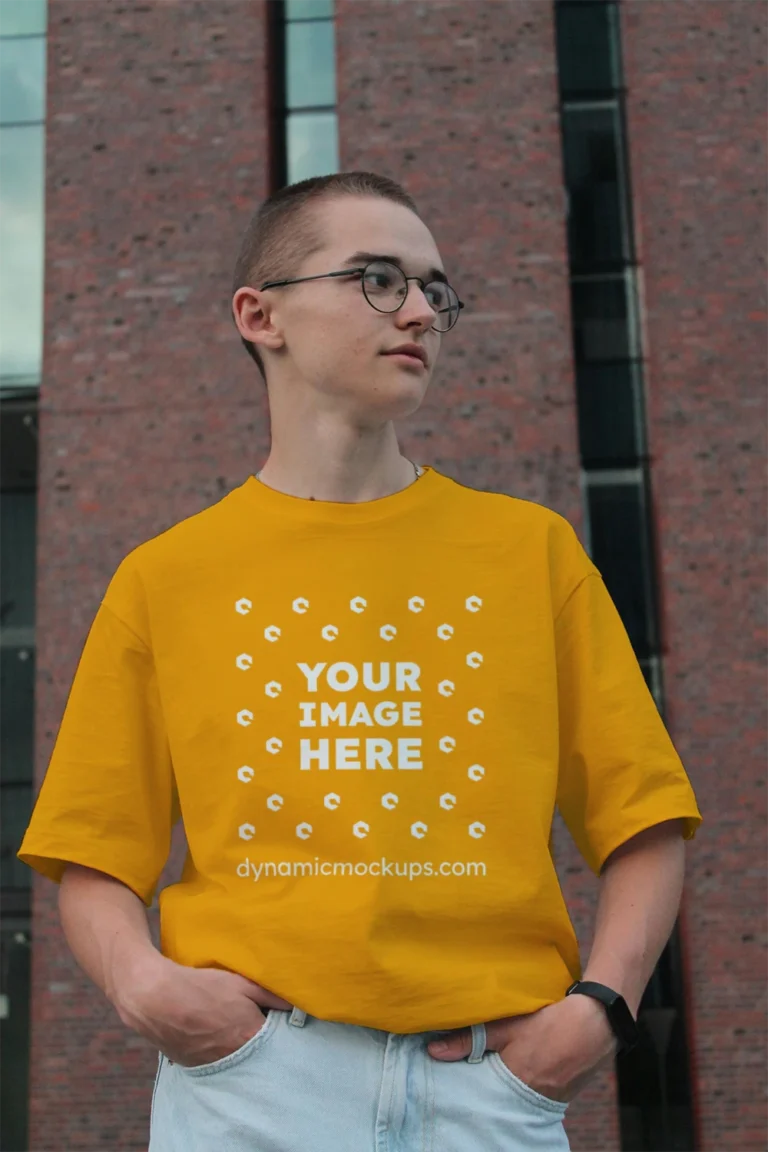 Man Wearing Orange T-shirt Mockup Front View Template