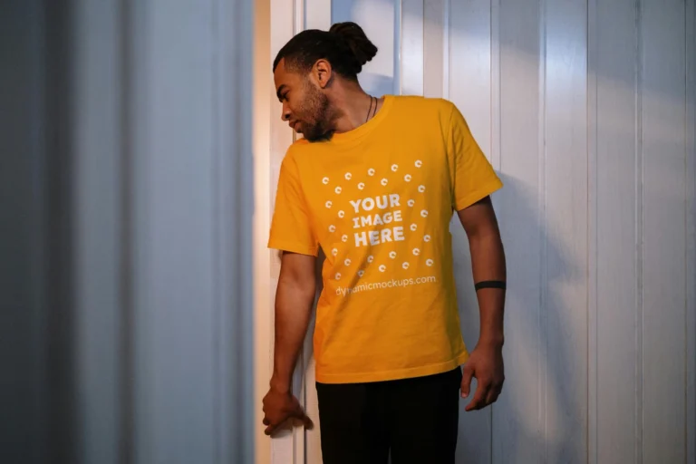 Man Wearing Orange T-shirt Mockup Front View Template
