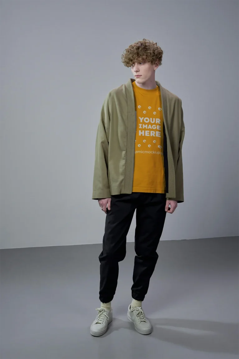 Man Wearing Orange T-shirt Mockup Front View Template