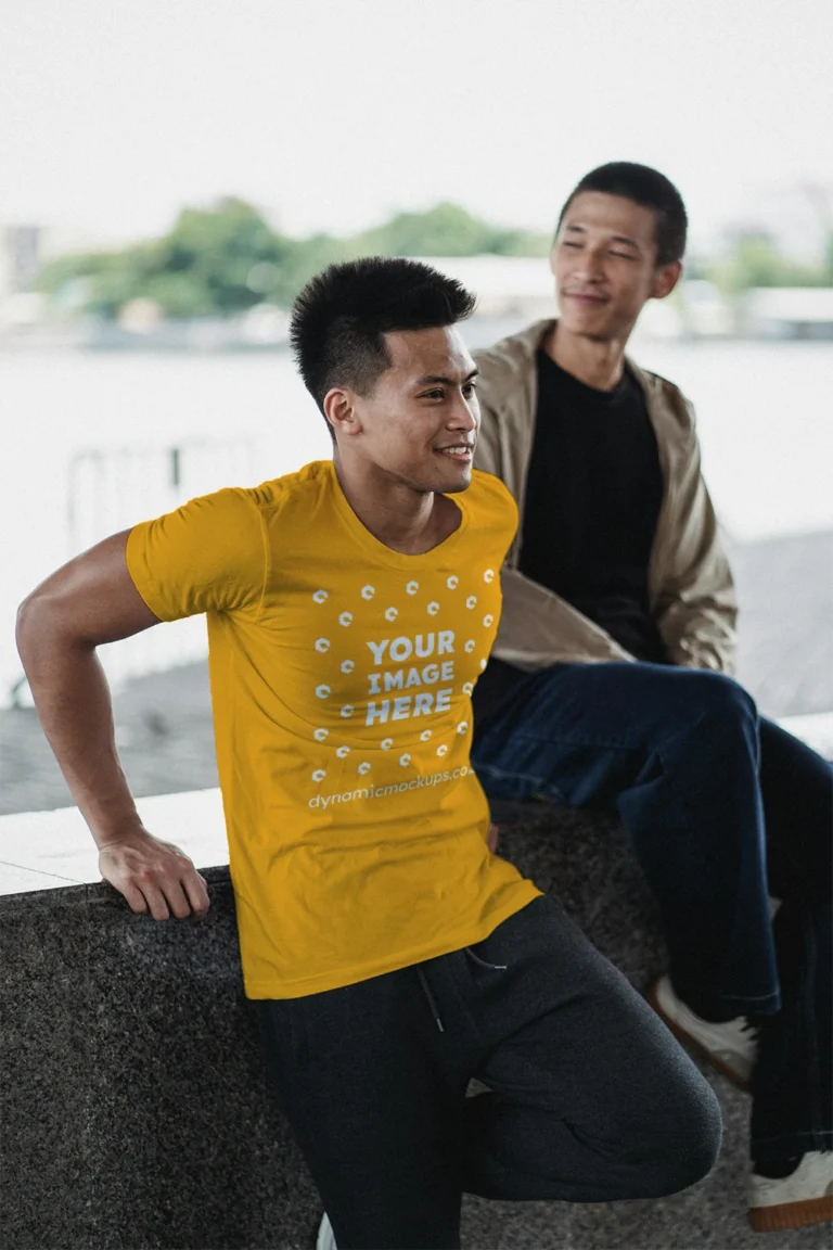 Man Wearing Orange T-shirt Mockup Front View Template