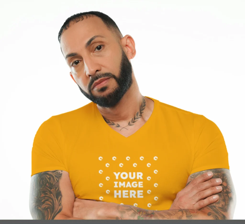 Man Wearing Orange T-shirt Mockup Front View Template