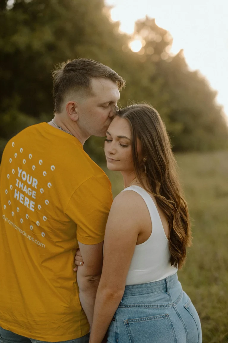 Man Wearing Orange T-shirt Mockup Back View Template