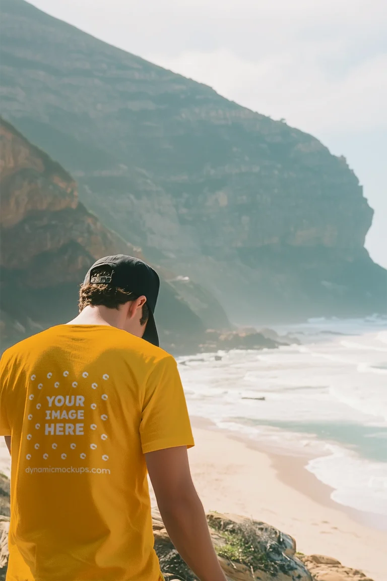 Man Wearing Orange T-shirt Mockup Back View Template