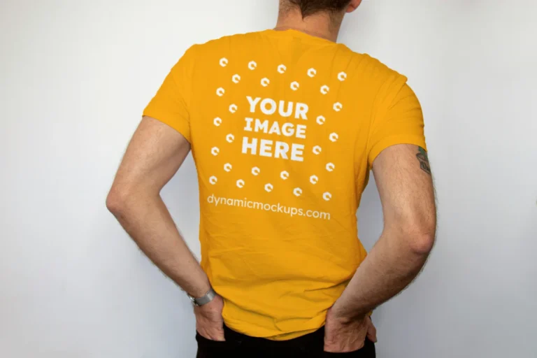 Man Wearing Orange T-shirt Mockup Back View Template
