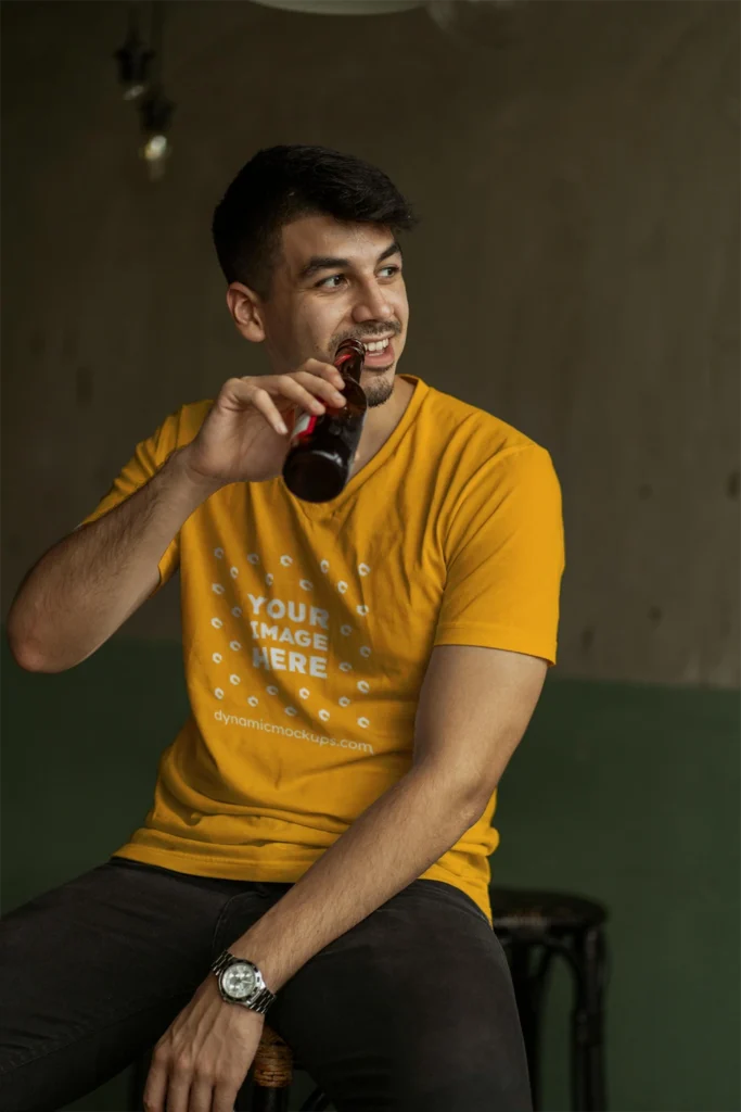 Man Wearing Orange T-shirt Mockup Front View Template