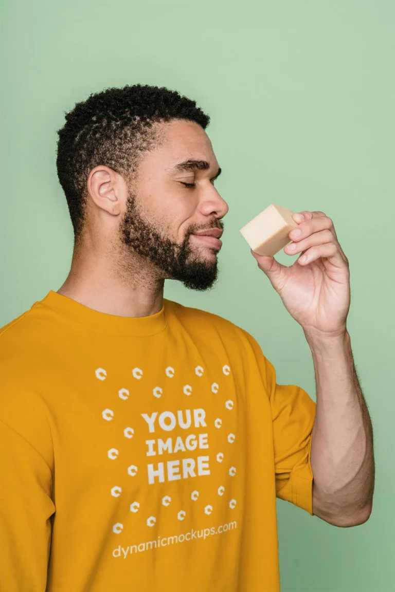 Man Wearing Orange T-shirt Mockup Front View Template