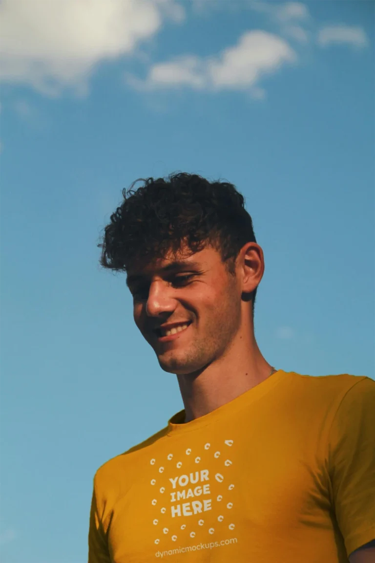 Man Wearing Orange T-shirt Mockup Front View Template