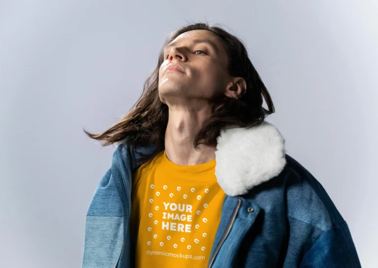 Man Wearing Orange T-shirt Mockup Front View Template