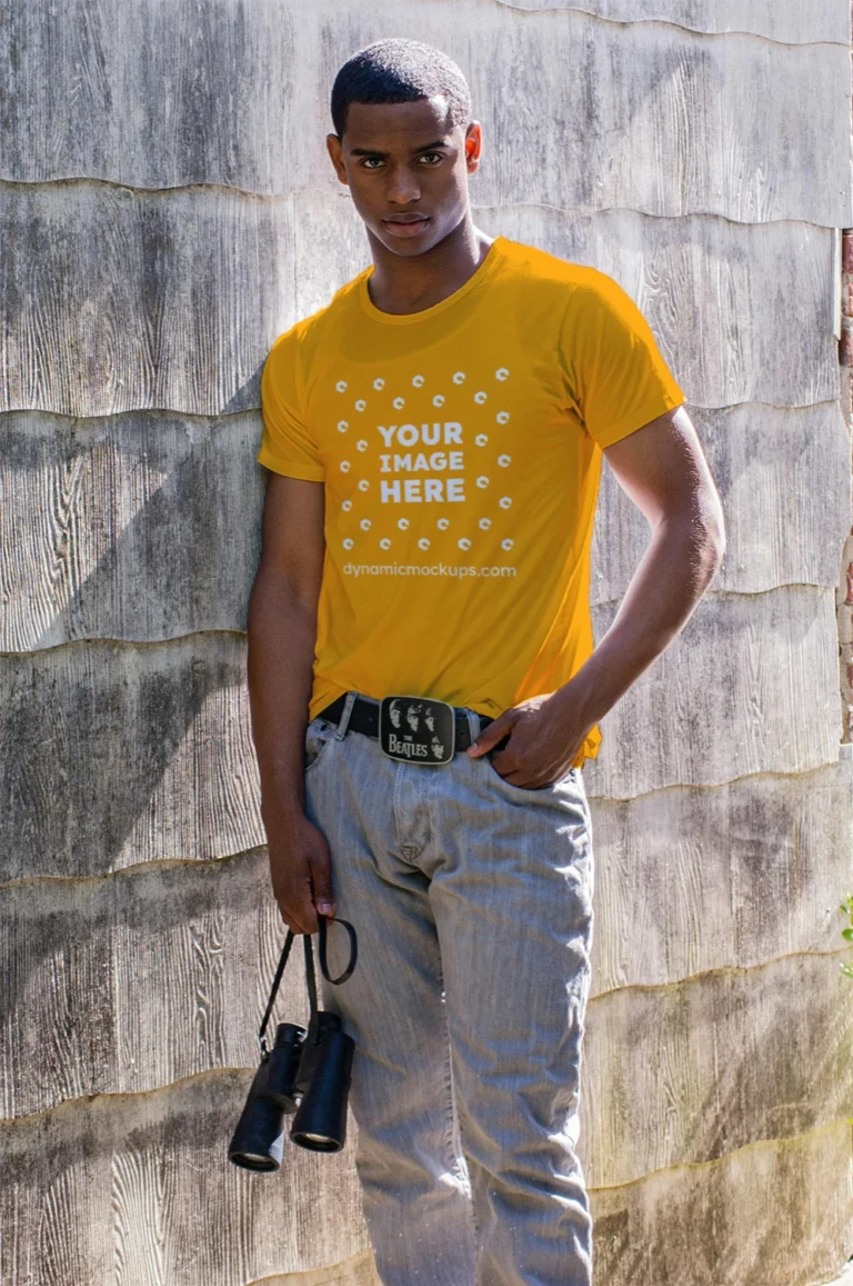Man Wearing Orange T-shirt Mockup Front View Template