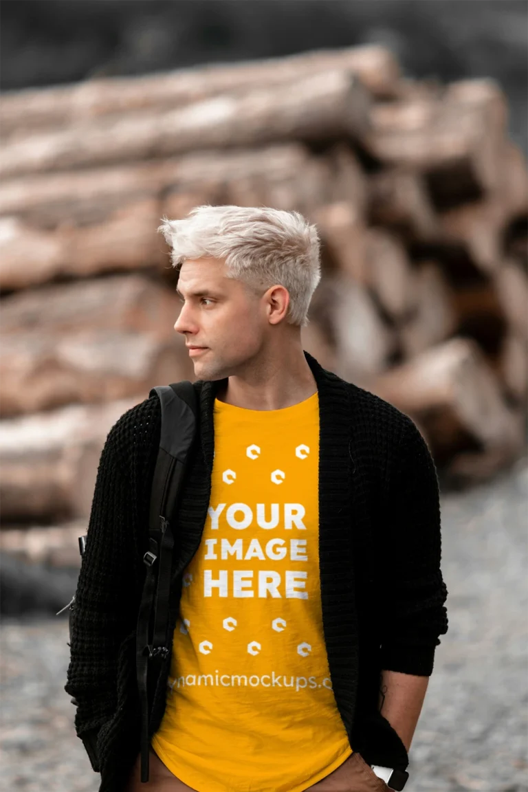 Man Wearing Orange T-shirt Mockup Front View Template