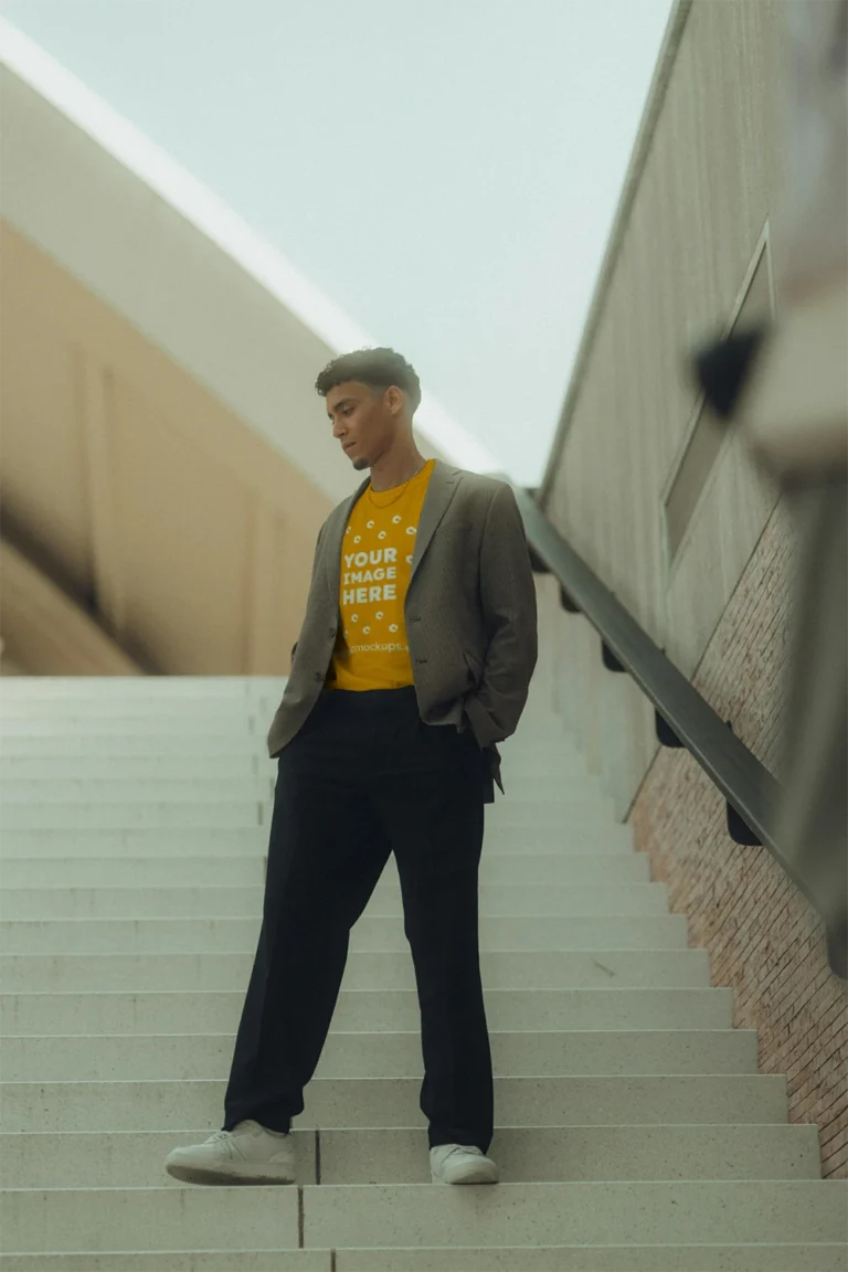 Man Wearing Orange T-shirt Mockup Front View Template
